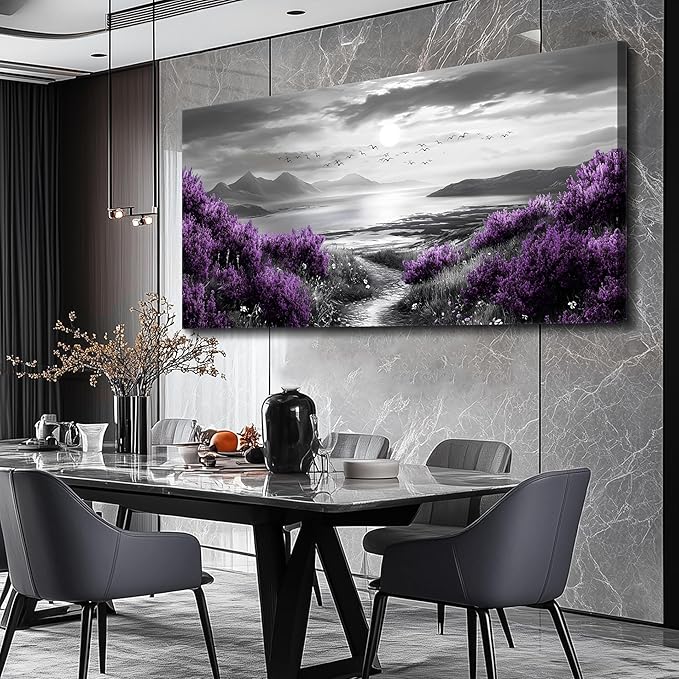 Canvas Wall Decor for Bedroom Large Wall Art for Living Room Modern Office Wall Decoration Purple Flowers Landscape Paintings Black and White Scenery Pictures Artwork Aesthetic Home Decor
