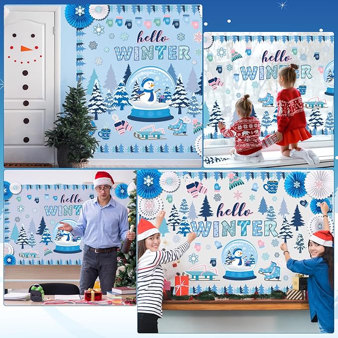 73 Pcs Winter Bulletin Board Set Pink Winter Wonderland Classroom Decorations Snowman Snowflake Paper Cutouts with Paper Fans for Holiday School Classroom Home Wall Decor
