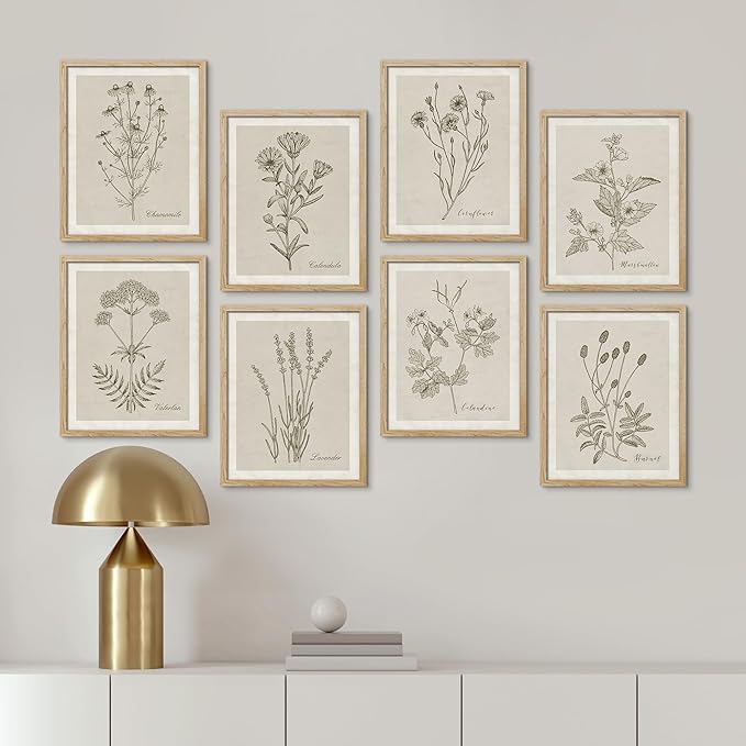 SIGNWIN Framed Poster Wall Art Set of Wildflower, Botanical Floral, Minimalist Decor, Vintage Poster for Living Room, Bedroom, Office - 8"x10"x 8 Natural