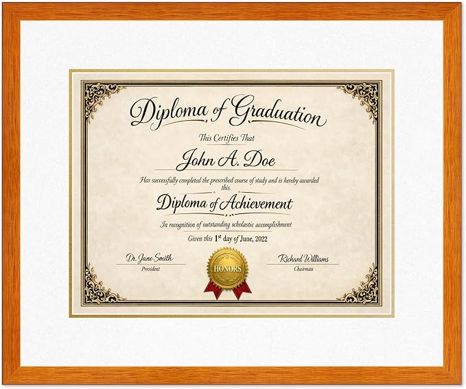 Diploma Frame Honey Oak with Oyster Shell Over Gold Double Mat - Fits 17 x 13 International Diploma Wall Display Made in the USA