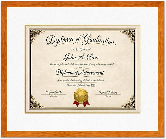Diploma Frame Honey Oak with Oyster Shell Over Gold Double Mat - Fits 17 x 13 International Diploma Wall Display Made in the USA