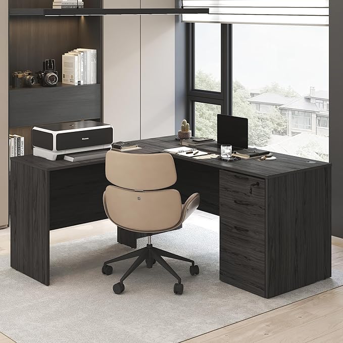 Furinno Roger Computer Desk, 60 Inch Rectangular Executive Desk with Modesty Panel, Home Office Desk with Thick Tabletop, Desk Cord Grommet, Scratchproof, for Home Study, Office, Coastal Grey