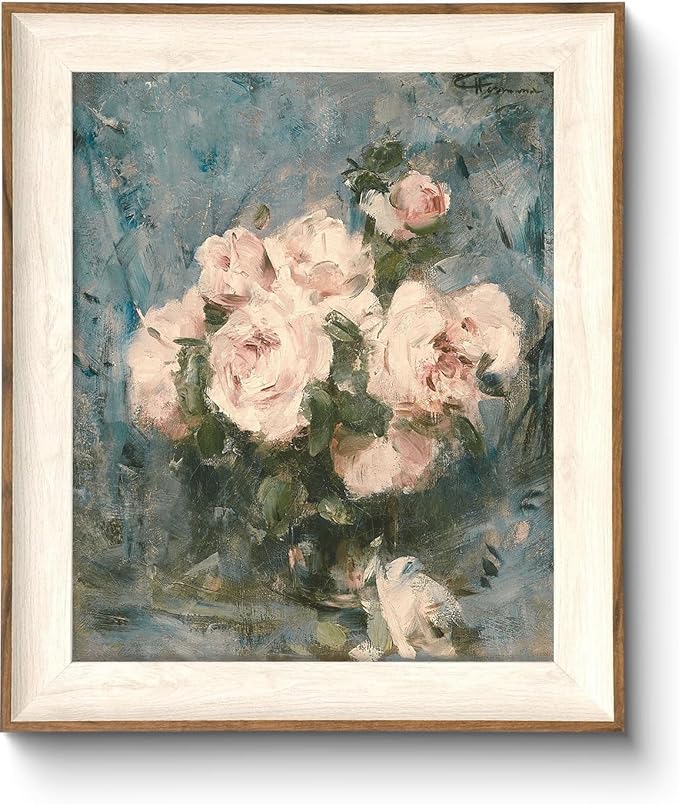 ASTRDECOR Framed Vintage Wall Art for Living Room, Vintage Floral Home Decor Aesthetic, Victorian Pink Rose Bouquet Oil Painting Blue Canvas Wall Art Prints, Antique Flower Pictures Blue Artwork for Living Room-10''x12''