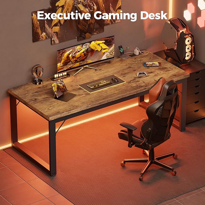 Mericonia 54 Inch Computer Desk with Power Outlets, 1.2" Thick Heavy Duty Industrial Office Desk, Modern Simple Study Writing Table for Home Office Bedroom Workstation, Brown