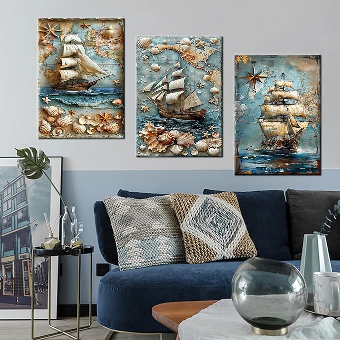Abstract Sailboat Wall Art Seashell Starfish Map Poster Print on Wooden Canvas Blue Ocean Theme Picture Painting Wall Decor Artwork for Living Room Hotel Workplace Ready to Hang [60''Wx28''H]