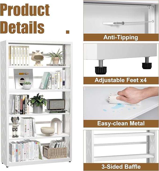 5 Tier Bookshelf, 55"Tall Metal Bookcase with Adjustable Shelves, Modern Display Book Shelf, White Bookcase Shelf, Utility Shelf, Storage Shelves for Office, Living Room, Kitchen, Study-31"W
