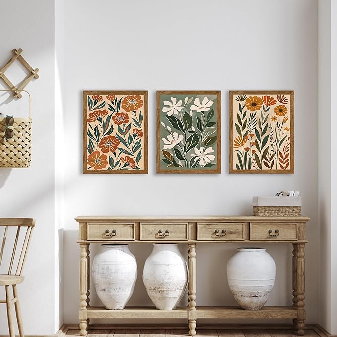 InspiredHues 3 Piece Abstract Boho Floral Canvas Wall Art, Green Beige Flower Market Wall Decor, Minimalist Colorful Botanica Artwork Prints for For Living Room Bedroom Office 12x16 Inch Wood Framed