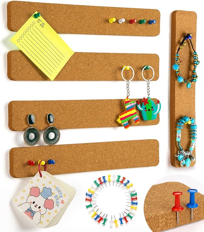 5 Pcs Corkboard Strips for Walls, Self-Adhesive Small Cork Board for Walls with 30 Pushpins, Perfect for Home Classroom Office