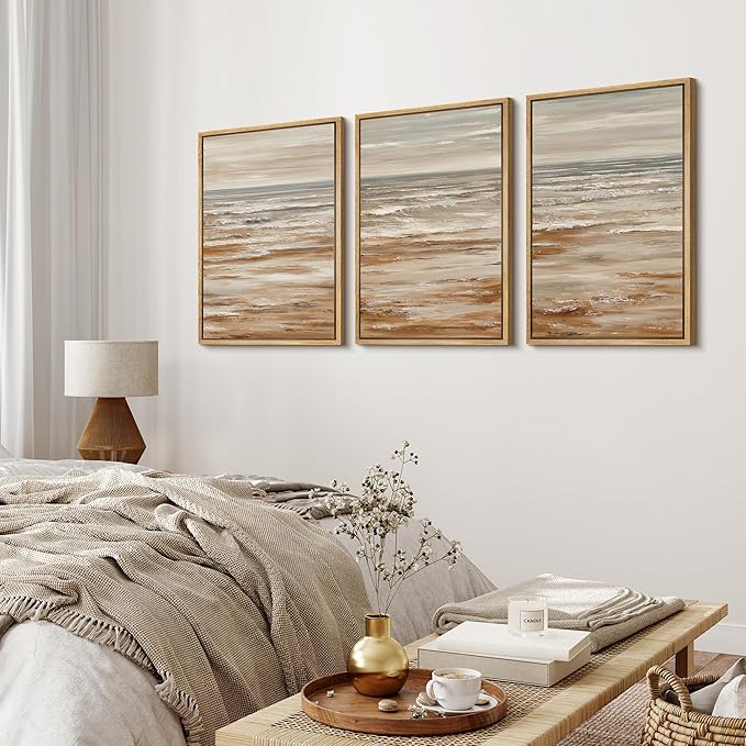 MUDECOR Framed Wall Art Print Set Neutral Coastal Seascape Minimalist Ocean Waves and Sandy Shore Illustrations Modern Art Boho Decorative for Living Room, Bedroom, Office - 16"x24"x3 NATURAL