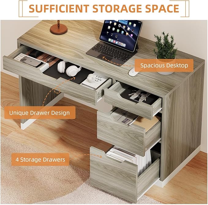 Small Computer Desk with Drawers, 48 Inch Home Office Desk with Storage for Bedroom, Wood Writing Study Desk for Small Space, Walnut