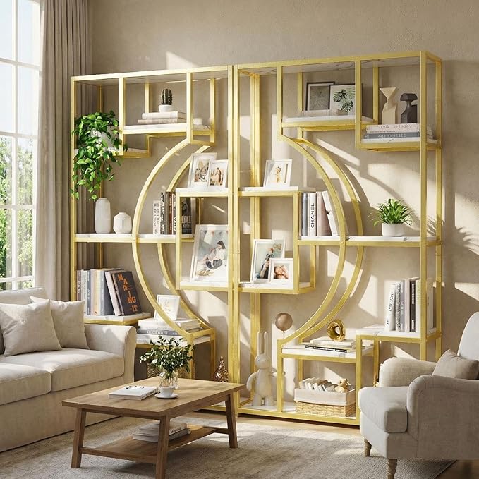 Modern Book Shelf, White and Gold Bookshelf, 70.8 Inch Tall Etagere Bookcase, Set of 2 Geometric Display Shelves for Living Room, Bookcases/Bookshelf with Metal Frame for Home Office