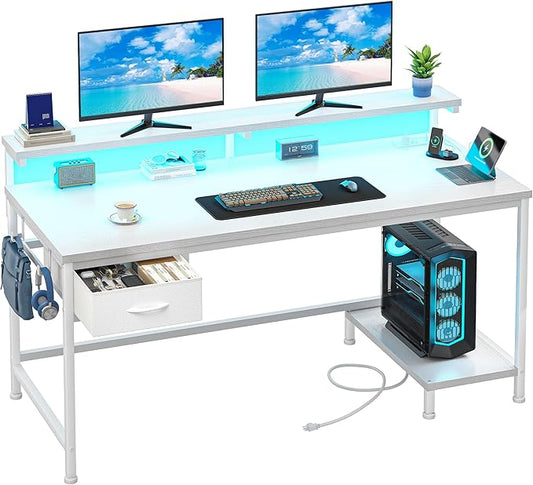 39.3Inch Computer Desk with Power Outlet & Drawer,Gaming Desk with CPU Stand& LED Lights,Corner Office Desk with Ergonomic Monitor Stand for Home Work, Study and Gaming, Small Spaces,White