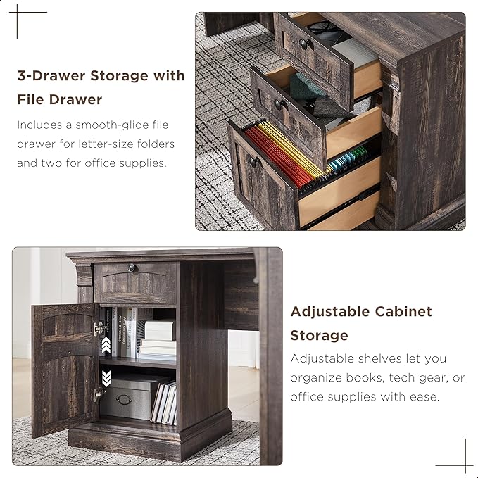OKD 60" L Shaped Executive Desk with Drawers, Farmhouse Home Office Desk with Charging Station, File Cabinet Storage, Wood Corner Computer Desk for Work and Study, Dark Rustic Oak