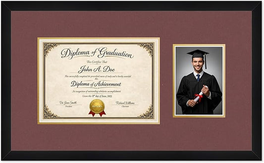 Diploma Frame With Photo Opening Matte Black Dark Red Over Gold Mat - Fits 11.69 x 8.27 Degree and Picture Made in the USA
