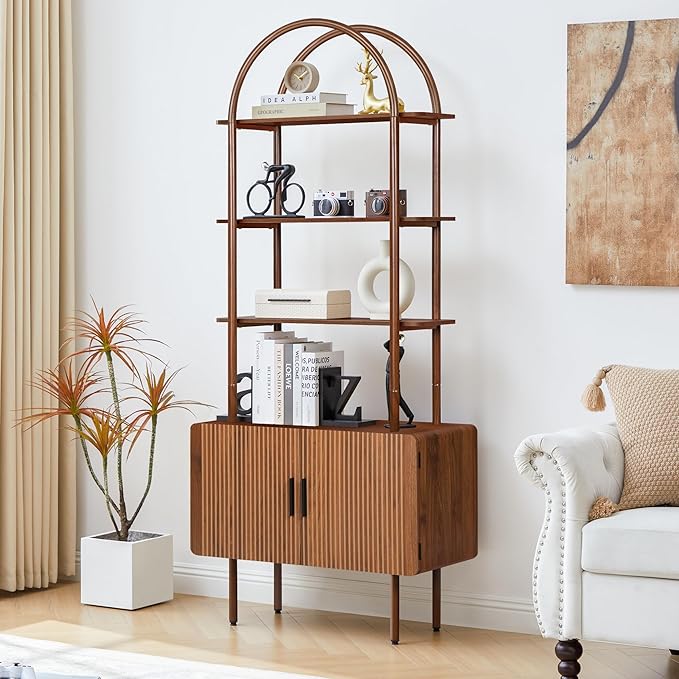 71" Tall Fluted Arched Bookshelf with Doors, Mid Century Modern Metal Bookcase Cabinet with Storage, 4-Tier Industrial Organizer Rack Storage Shelves for Home Office, Living Room (Walnut)