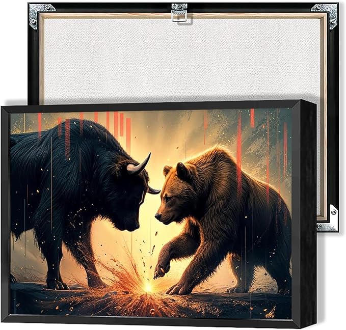 Trendy Bull And Bear Confrontation Wall Art Funny Bull And Bear Stock Market Canvas Posters Funny Animal Prints Painting For Office Living Room Wall Decor 16x24in Framed