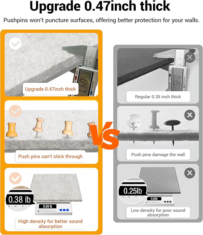 1/2" Thick Cork Board for Office, 6 Pack Felt Wall Tiles -28"x18" with Safe Adhesive Tabs, Large Bulletin Board, Push Pin Board Organizer Wall - Gray Marble