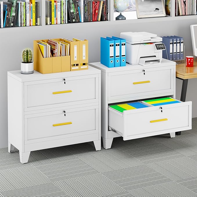 2 Drawer File Cabinet with Lock, Metal Lateral File Cabinets for Home Office, Steel Wide Filing Organization Storage Cabinets, Home Office Furniture for Hanging Files Letter/Legal/F4/A4 Size