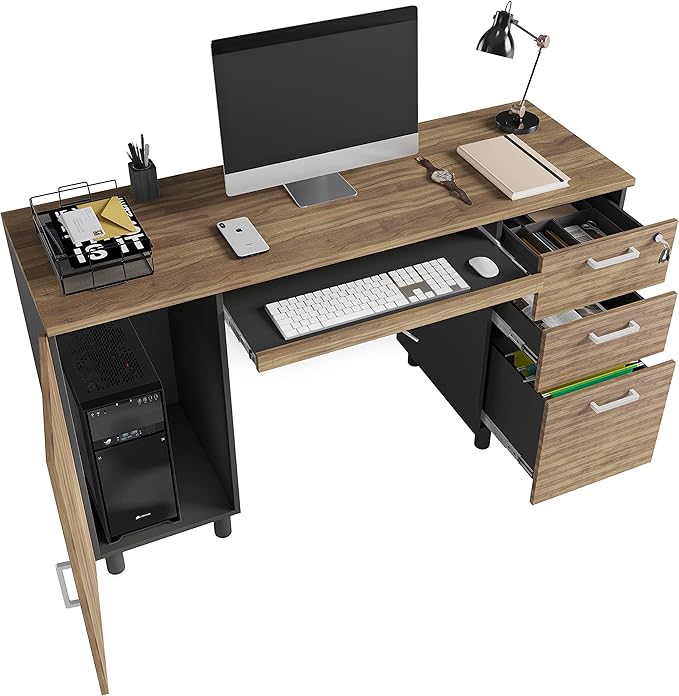 Modern Design Venice Computer Office Desk with 3 Locking Drawers and Storage Cabinet, 53 Inch Home and Office Executive Walnut and Black Desk with Keyboard Tray by Crafts and Comfort