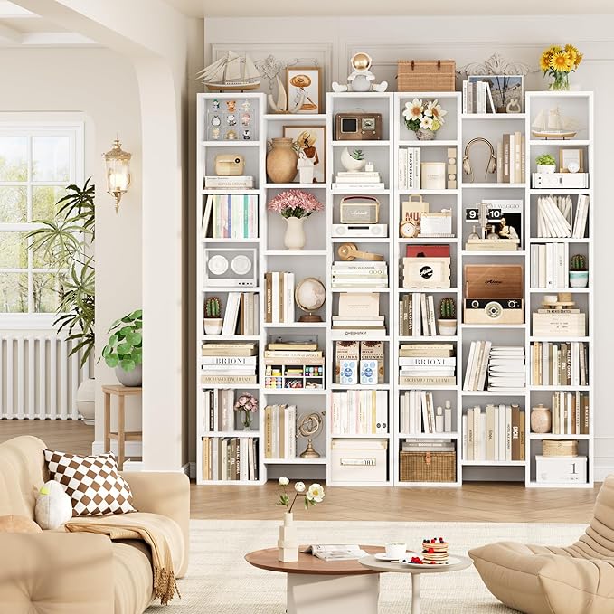 FOTOSOK 71'' White Bookshelf with 21 Cubes, 8 Tier Triple Wide Tall Bookshelf with 8 Adjustable Shelves, 35" Large Bookcase DVD/CD Media Tower Storage, Freestanding Display Shelf Cabinet, White