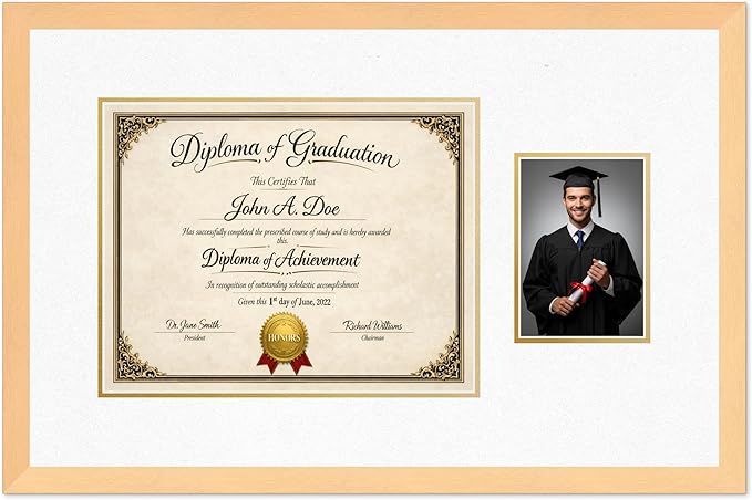 Diploma Frame With Photo Opening Natural Wood Oyster Shell Over Gold Mat - Fits 14 x 11 Degree and Picture Made in the USA