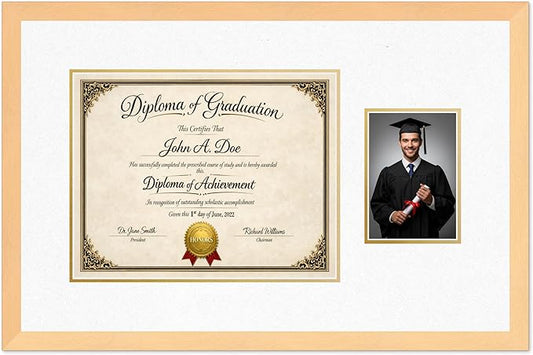 Diploma Frame With Photo Opening Natural Wood Oyster Shell Over Gold Mat - Fits 14 x 11 Degree and Picture Made in the USA