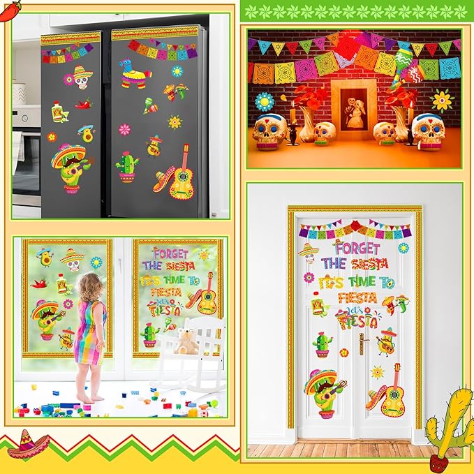 16 Sets Mexican Fiesta Bulletin Board Decoration Cinco De Mayo Cutouts Cactus Taco Mexican Fiesta Classroom Bulletin Board Cutouts Set with Adhesive Dots for Cinco De Mayo Class Home Decor