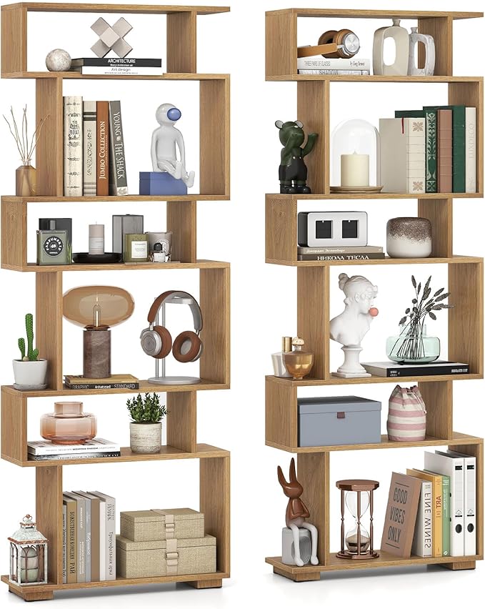 Giantex 6-Tier Geometric Bookshelves Set of 2, S-Shaped Bookcase with 2 Anti-Tipping Kits, Wooden Display Shelf, Decorative Storage Shelving Unit, Home Storage Organizer for Living Room, Natural