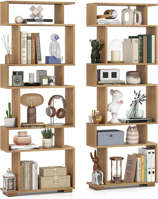 Giantex 6-Tier Geometric Bookshelves Set of 2, S-Shaped Bookcase with 2 Anti-Tipping Kits, Wooden Display Shelf, Decorative Storage Shelving Unit, Home Storage Organizer for Living Room, Natural