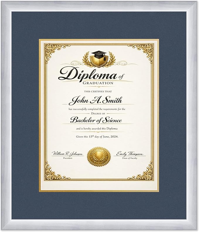 CountryArtHouse Diploma Frame Fits 11 x 14 College Diploma (Portrait) - Keepsake Graduation Display Stainless Silver Genuine Hardwood with Navy Blue Over Metallic Gold Double mat