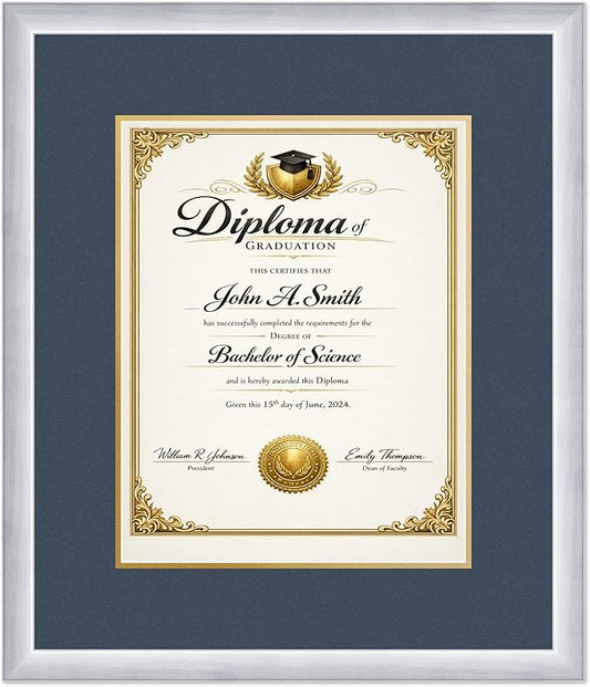 CountryArtHouse Diploma Frame Fits 11 x 14 College Diploma (Portrait) - Keepsake Graduation Display Stainless Silver Genuine Hardwood with Navy Blue Over Metallic Gold Double mat