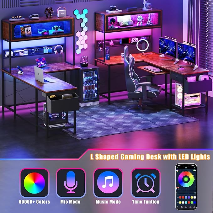L Shaped Gaming Desk with Power Outlets & LED Lights, 49'' Reversible Computer Desk with Hutch & Pegboard & Display Cabinet, Corner Home Office Desk with Drawer & Keyboard Tray & Storage Bag, Rustic