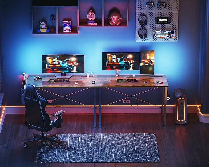 KKL Small Desk with Power Outlets and USB Port Computer Desk for Home Office Gaming Simple Modern Style Writing Desks with Storage Bag Headphone Hook, 40 inch, Rustic Brown