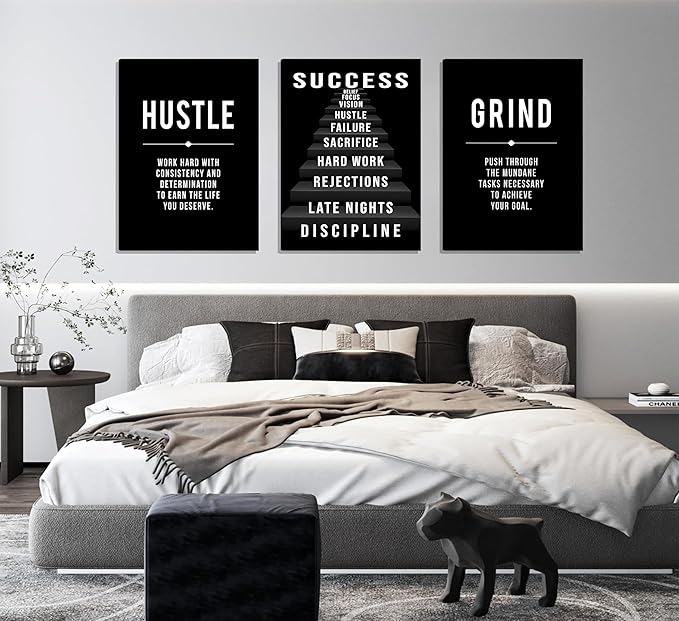3Pcs Framed Black and White Inspirational Phrases Wall Art Stairway to Success Canvas Posters Prints Never Give Up Pictures Paintings Office Wall Decor for Home Gym Workplace