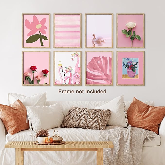 SIGNWIN Adhesive Canvas Poster Bathroom Decor, Wall Art Room Decor Multicolor for Living Room, Bedroom, Office Pink Swan Botanical Flower Daisy Rose Monstera Nature Abstract Shapes - 8"x10"x 8