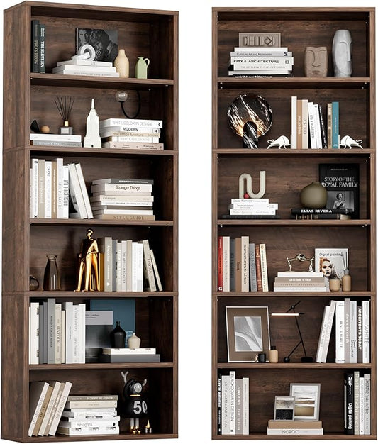 YESHOMY Industrial 6 Tier Bookcase, 71" Tall Brown Bookshelves Open Frame, Basic Floor Standing Bookcases & Bookshelf for Home Office, Living Room, Bed Room