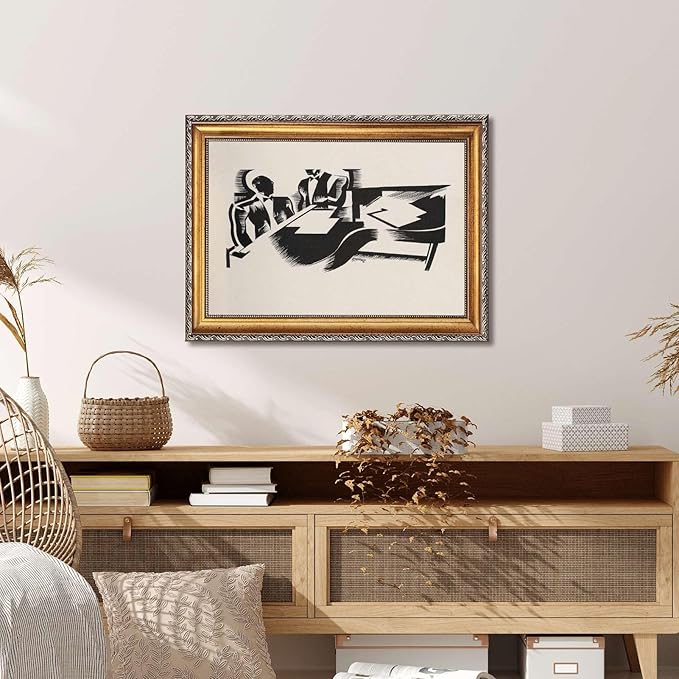 Framed Abstract Meeting Scene Poster Canvas Print Art, Modern Wall Art Painting, Elegant Pictures, Minimalist Aesthetic Wall Decor, Office Decoration, Art Print for Living Room, Apartment (Retro Framed,12L"x16W")