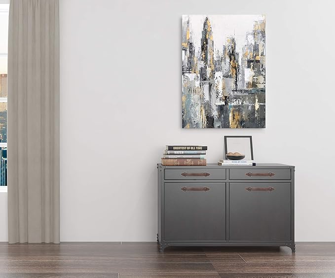 Yihui Arts Modern Abstract Chicago City Canvas Wall Art Painting with Gold Foil Hand Painted Skyline Pictures for Bedroom Decoration