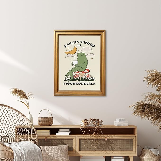 Everything Is Figureoutable Motivational Wall Art Funny Frog Coffee Inspirational Poster Positive Quote Daily Reminder Canvas Print Affirmation Wall Decor for Home Office 12x16inch Vintage Framed