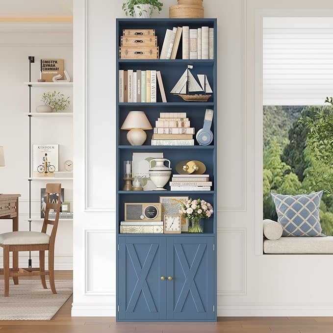 FACBOTALL 82" Tall Bookcase and Book Shelf, 24" Wide Bookshelf with Doors, 7 Tier Bookcase with Storage and Adjustable Shelf, Open and Display Farmhouse Bookshelf for Living Room, Home Office, Blue