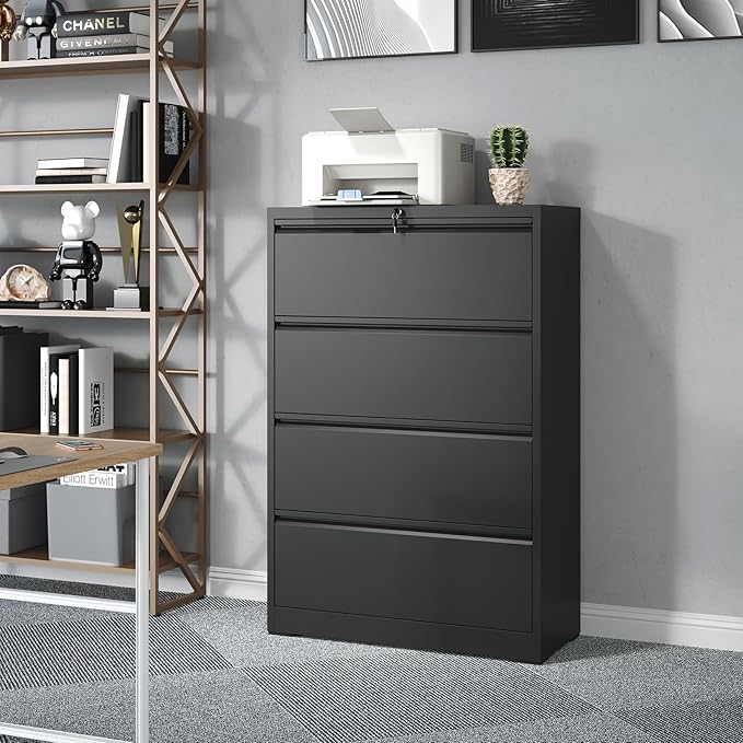 4 Drawer File Cabinet,Metal Lateral Filing Cabinet with Lock,Home Office Storage Organizer Cabinet for Legal/Letter/A4/F4 Size Files,35.5" W,Black