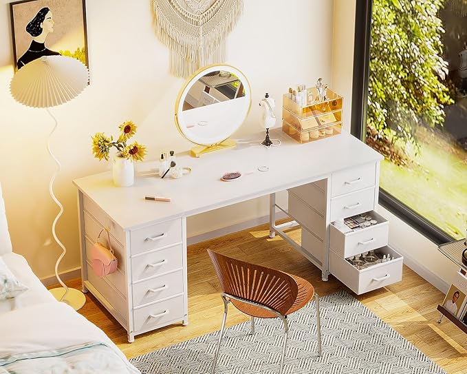 ODK 55 Inch Vanity Desk with 8 Fabric Drawers, Modern Makeup Desk for Bedroom & Dressing Room with Large Storage, Ideal for Home Office, Study.Pure White.