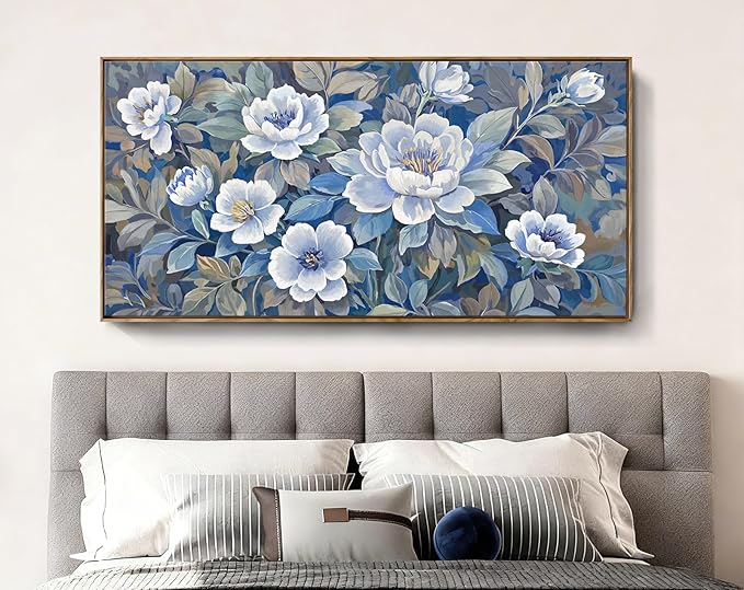 amatop Large Living Room Wall Decor - Floral Canvas Wall Art, Framed Art work, Modern Style Print, Blue Art Decor Picture For Bedroom Dining Room Office 48X24