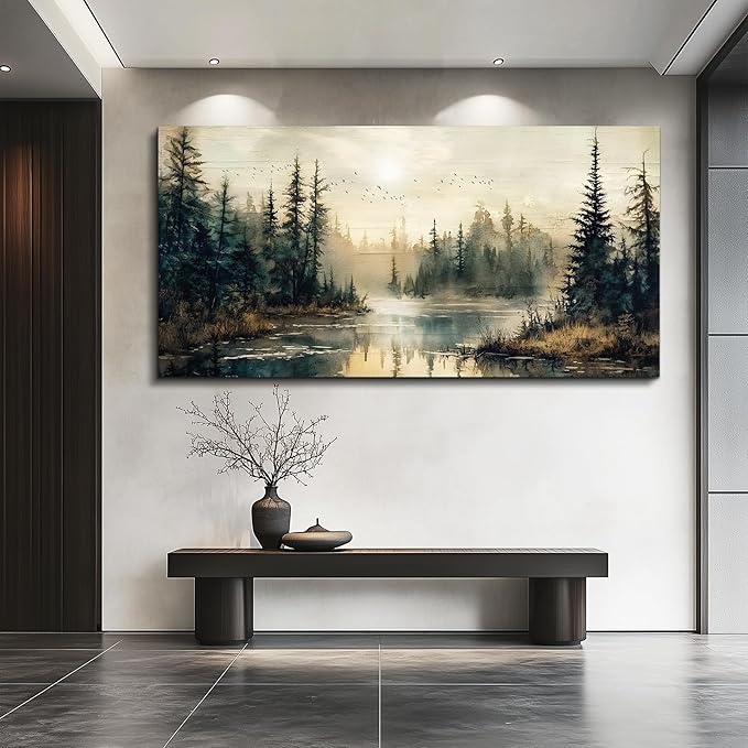 FUHAIHUA Canvas Wall Art For Living Room Large Wall Decor For Bedroom Modern Office Wall Decorations Forest River Landscape Paintings Farmhouse Pictures Artwork Room Aesthetic Home Decor 20x40 In