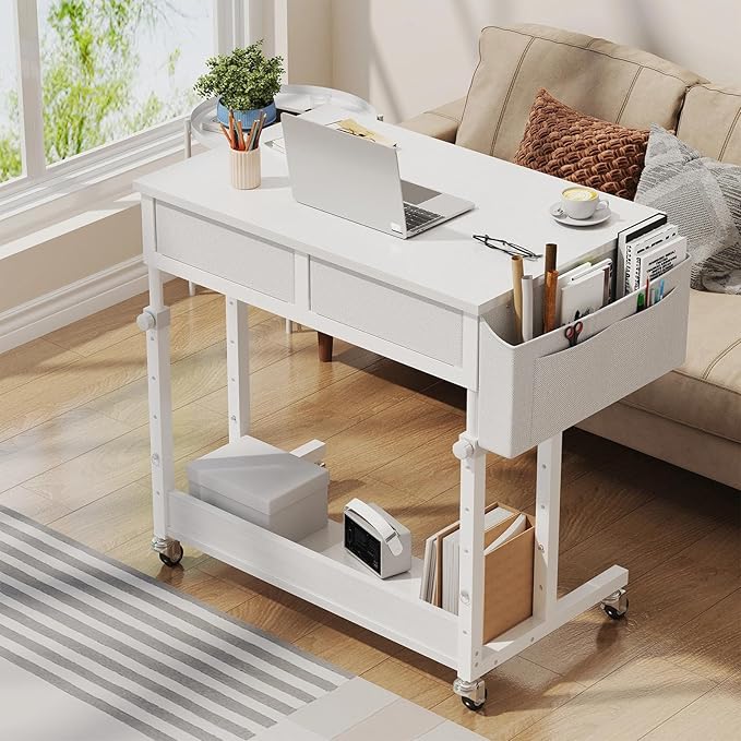 Small White Portable Rolling Standing Desk with Drawers & Storage Shelf, 32 Inch Mobile Stand Up Desk Adjustable Height with Wheels for Home Office, Kids Desks Couch Sofa Side Laptop Craft Table