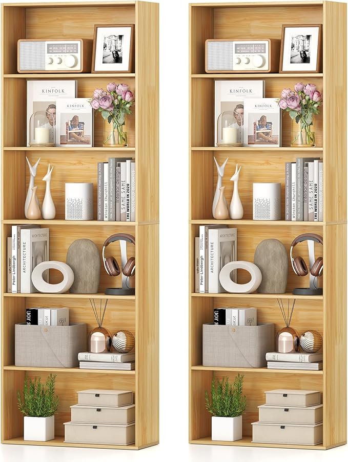 Giantex 6-Tier Bookcase Set of 2, 70" Tall Wooden Bookshelf, Freestanding Storage Organizer w/Open Shelves, Anti-Tipping Kits, Modern Floor Standing Display Shelves for Living Room,Burlywood