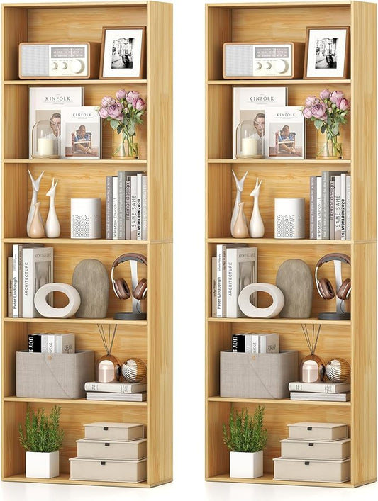 Giantex 6-Tier Bookcase Set of 2, 70" Tall Wooden Bookshelf, Freestanding Storage Organizer w/Open Shelves, Anti-Tipping Kits, Modern Floor Standing Display Shelves for Living Room,Burlywood