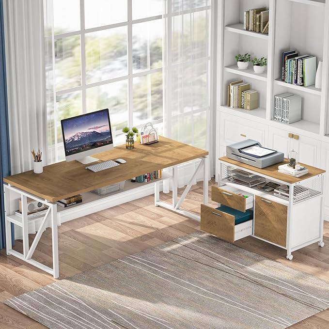 Tribesigns 63 inches Computer Desk with Bottom Storage Shelf Home Office Desk Writing Table for Workstation, Dark Walnut + Steel Leg, Cabinet not Included (Light Oak, 63-inch-with Shelf)