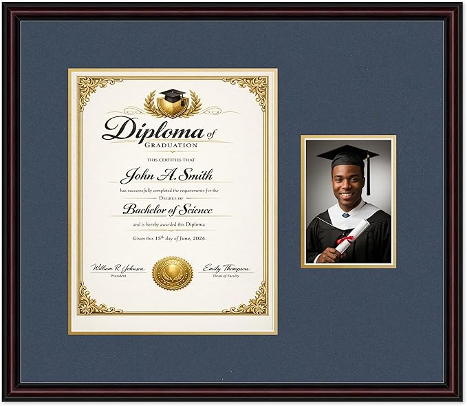 CountryArtHouse Fits 11 x 14 College Diploma (Portrait) and 5 x 7 Photo Diploma and Photo Frame Executive Brown Genuine Hardwood with Navy Blue Over Metallic Gold Double mat