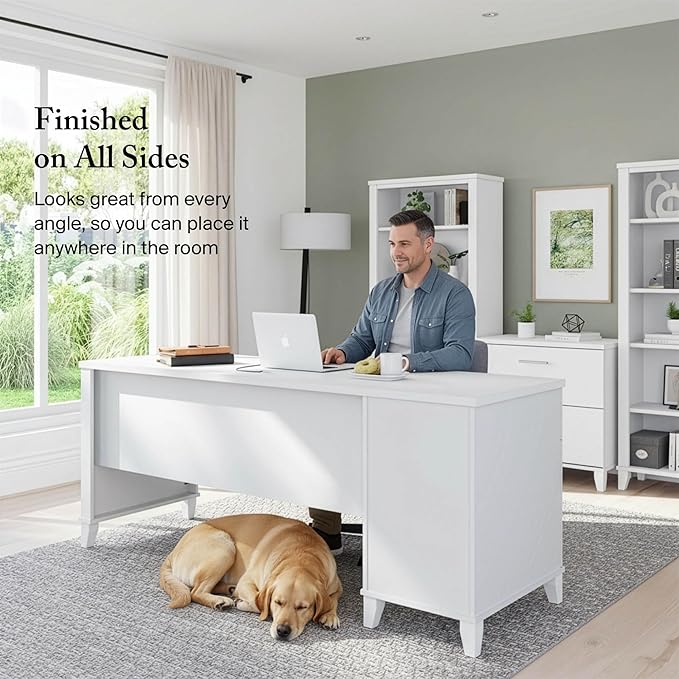 Bush Home 72-inch Home Office Desk with Drawers, Large Computer Table for Personal Workspace, Somerset Collection, White